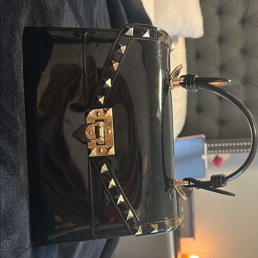 Black Patent Leather Studded Handbag